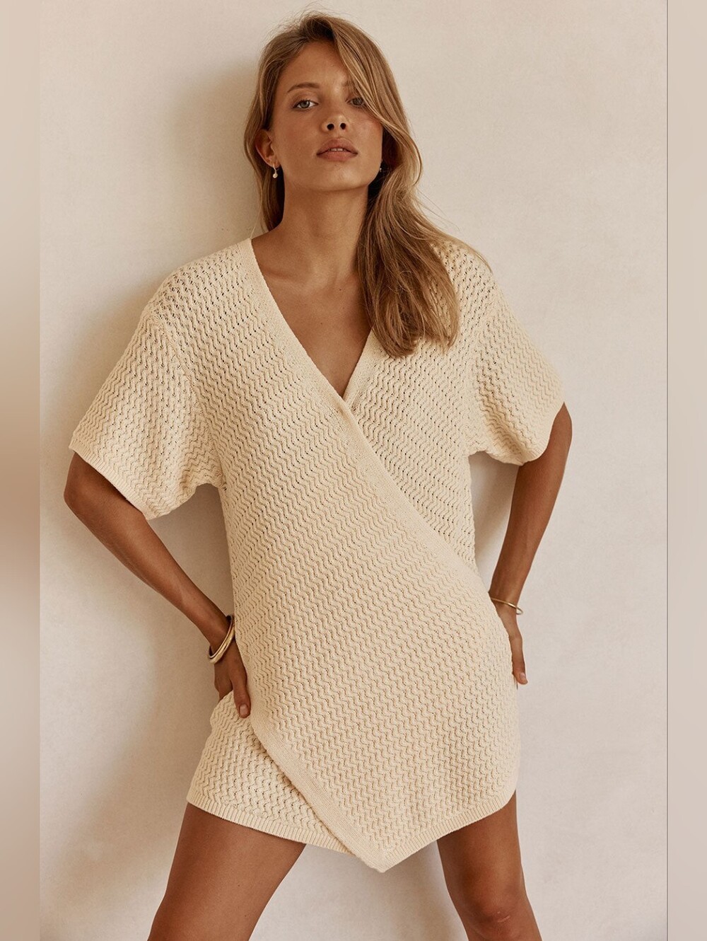 SABO Skirt Cream Knit Wrap Knit Wrap Mini Dress